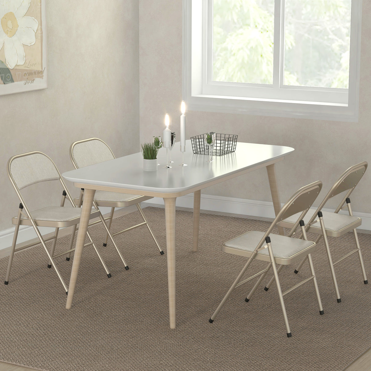 Steel Folding Dining Chairs in Set Of 4 With Linen Fabric Seat - Velmora