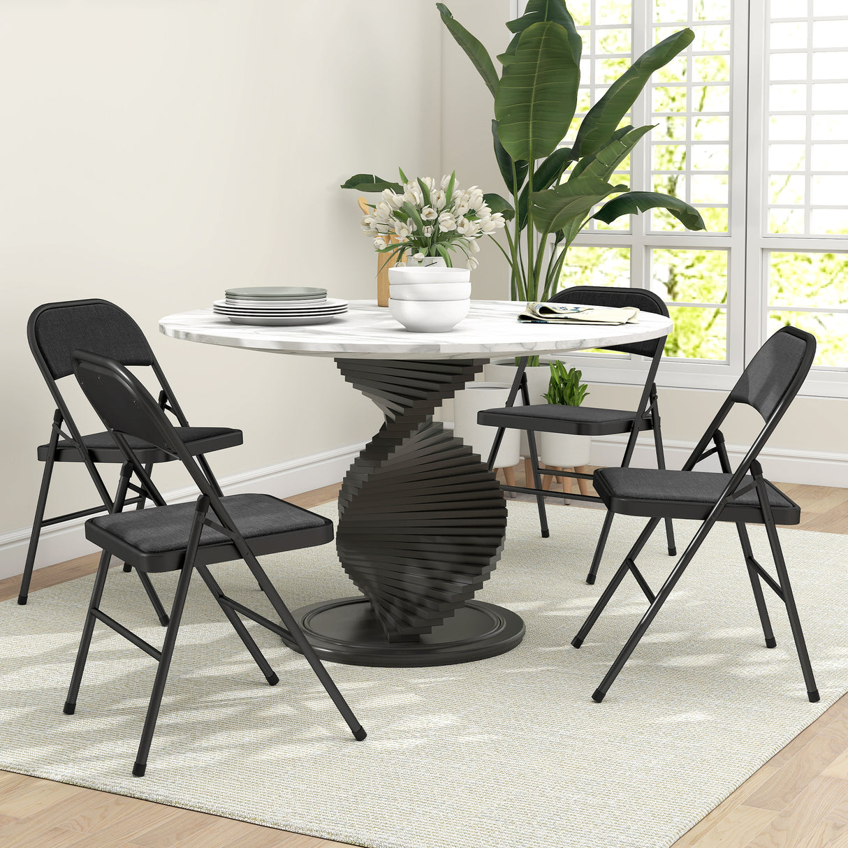 Steel Folding Dining Chairs in Set Of 4 With Linen Fabric Seat - Velmora