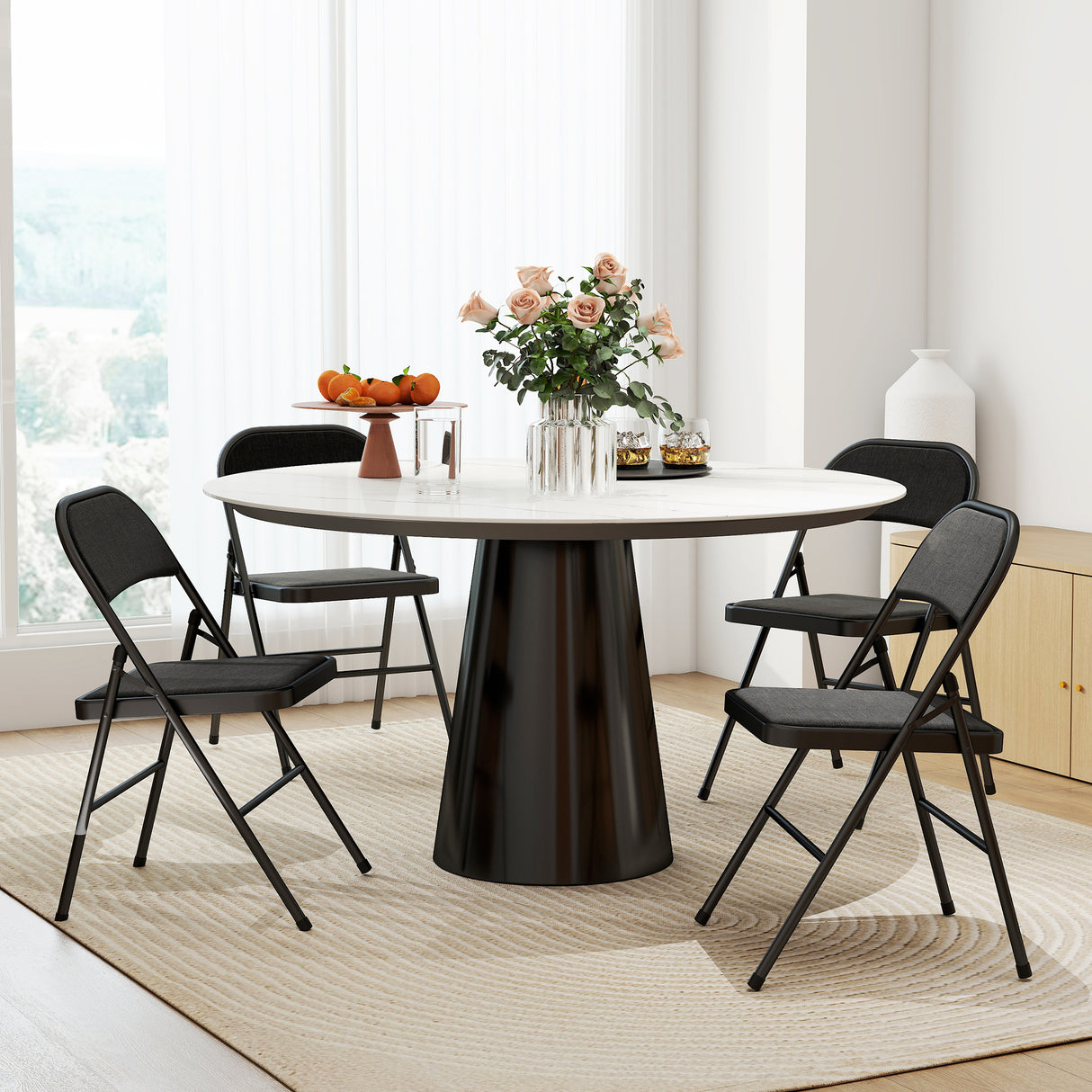 Steel Folding Dining Chairs in Set Of 4 With Linen Fabric Seat - Velmora