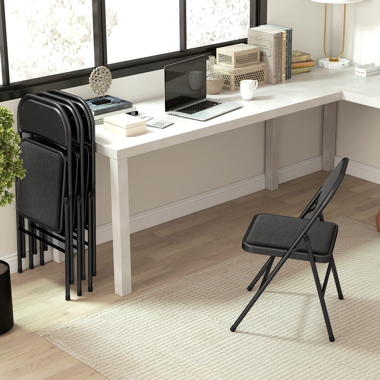 Steel Folding Dining Chairs in Set Of 4 With Linen Fabric Seat - Velmora
