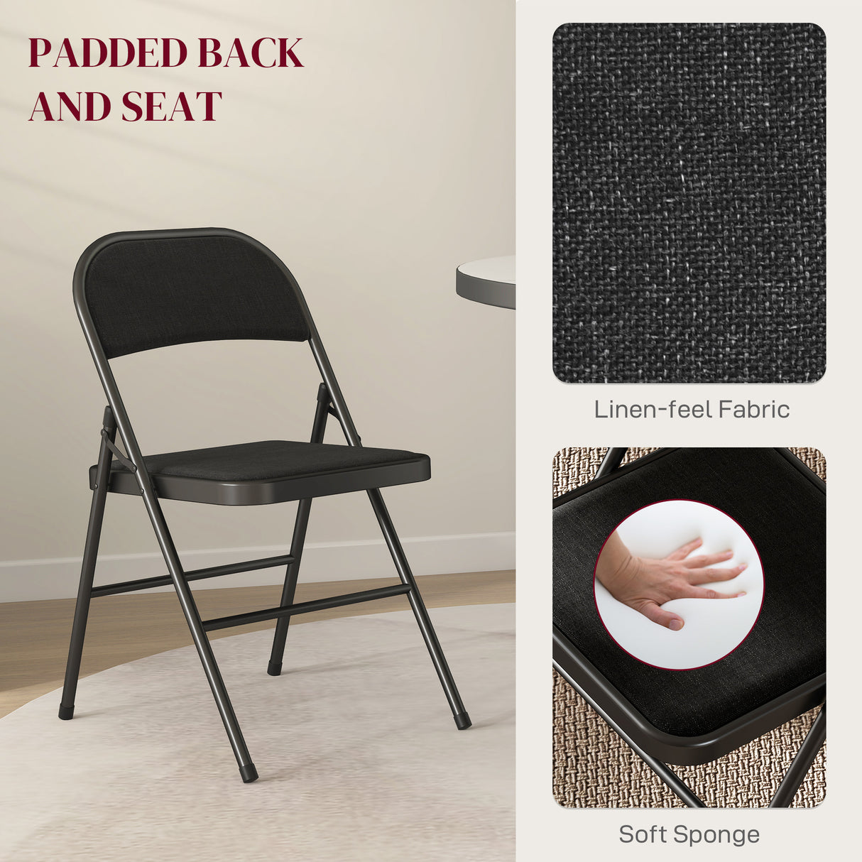 Steel Folding Dining Chairs in Set Of 4 With Linen Fabric Seat - Velmora