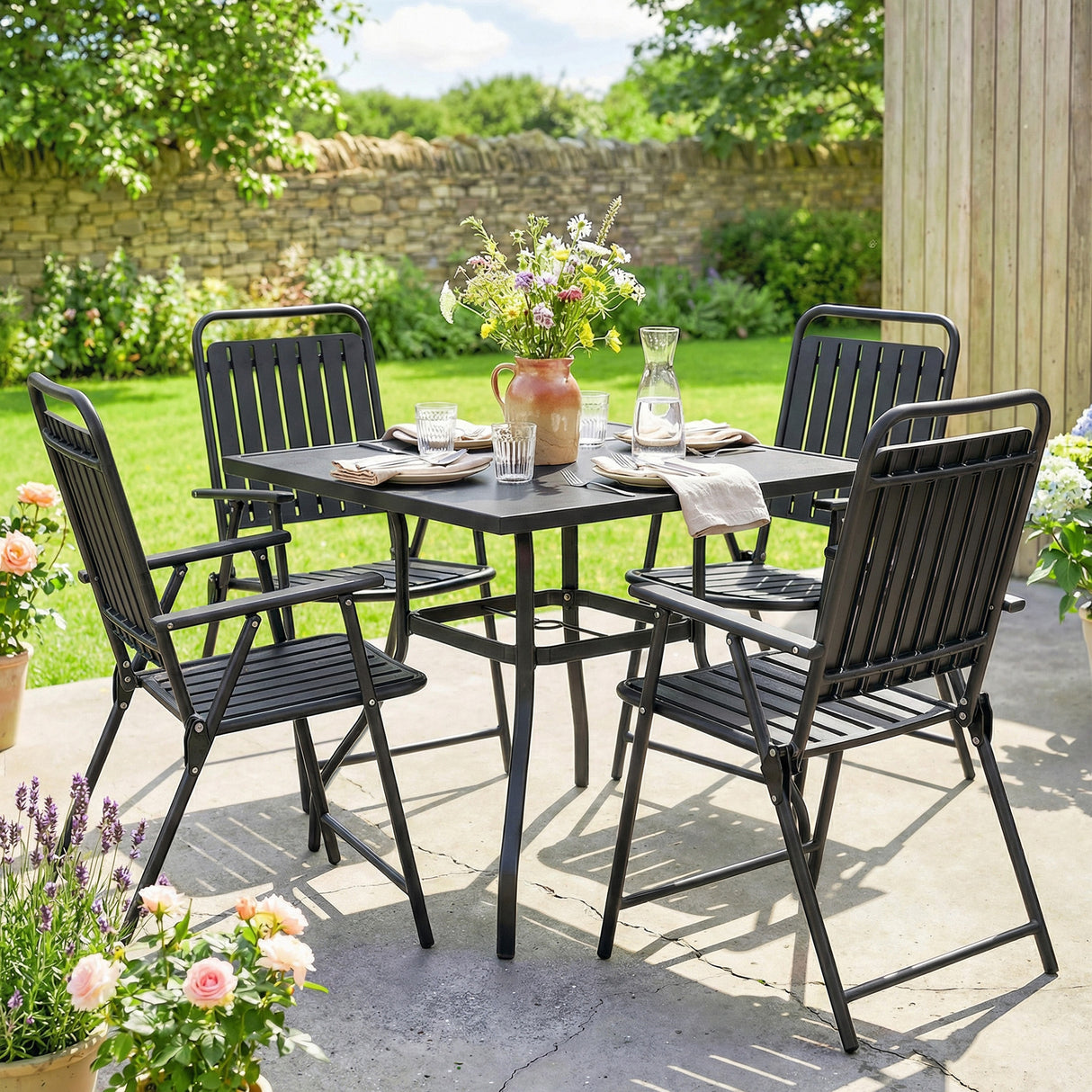 Steel Folding Garden Chairs in Set of 4 With Plastic Slatted Seat Back - Velmora