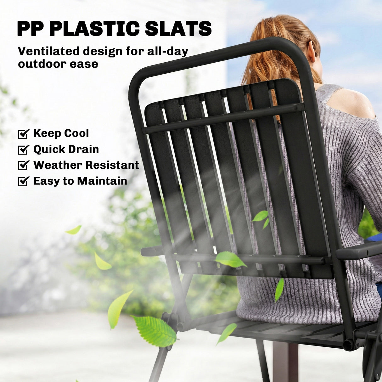 Steel Folding Garden Chairs in Set of 4 With Plastic Slatted Seat Back - Velmora
