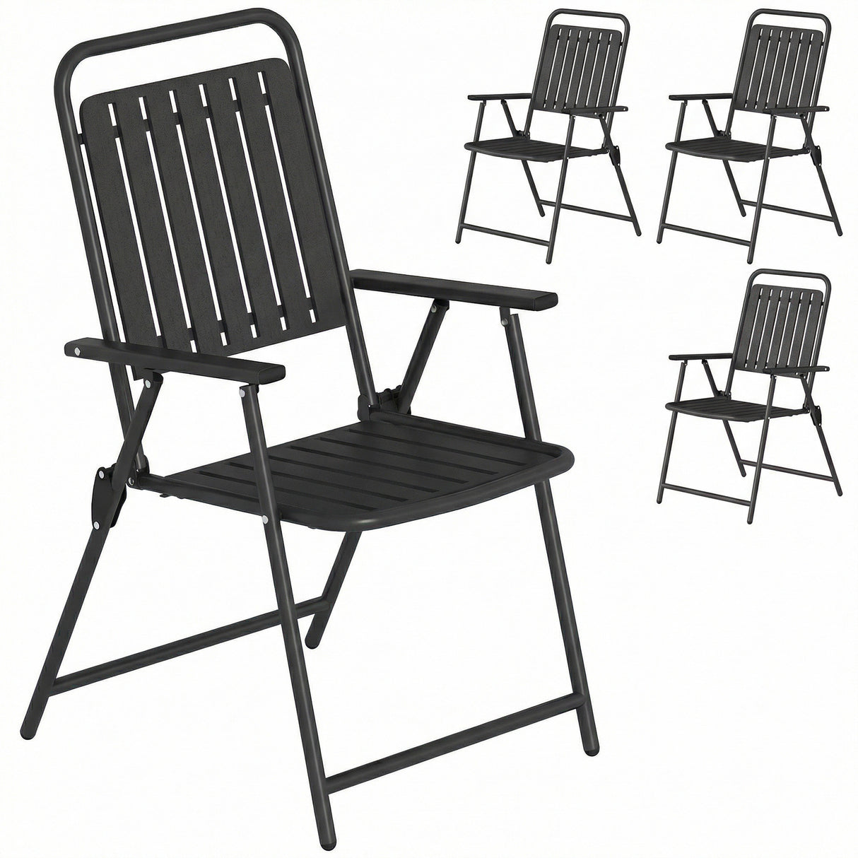 Steel Folding Garden Chairs in Set of 4 With Plastic Slatted Seat Back - Velmora