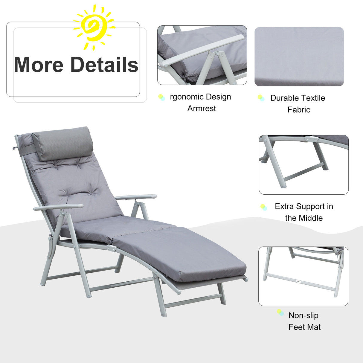 Steel Folding Recliner Garden Sun Lounger With Pillow And Adjustable Backrest - Velmora