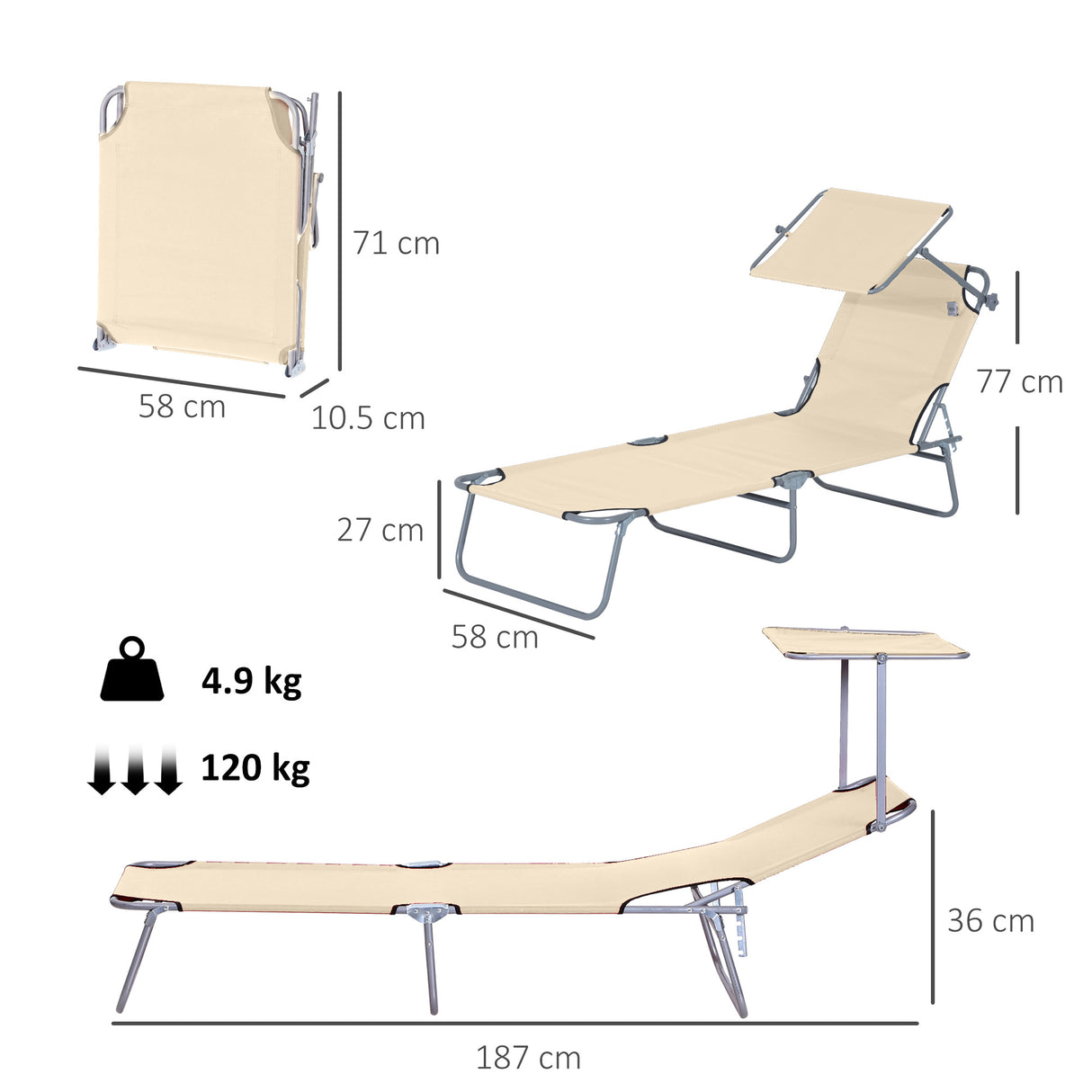 Steel Folding Reclining Garden Sun Lounger With Canopy - Velmora