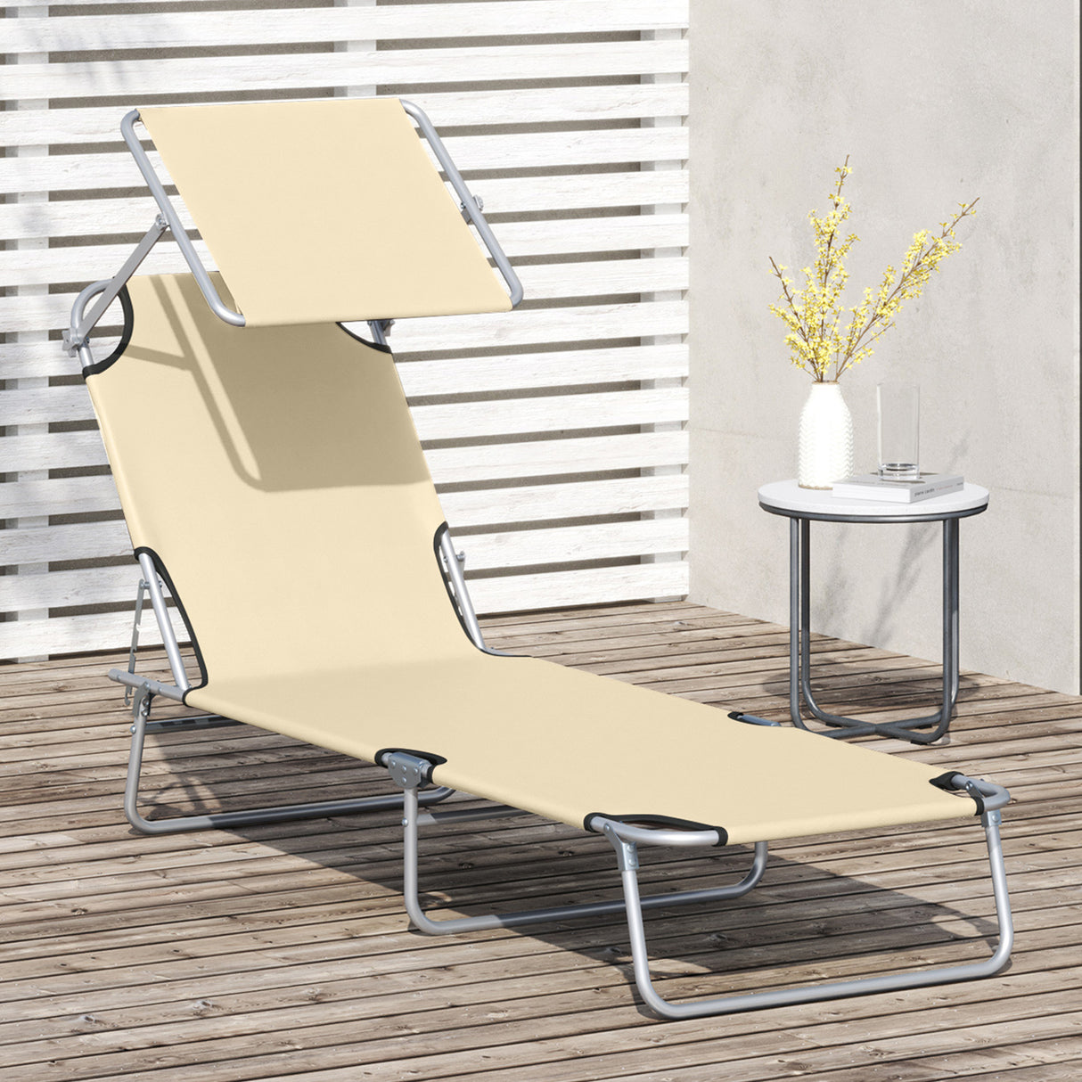 Steel Folding Reclining Garden Sun Lounger With Canopy - Velmora