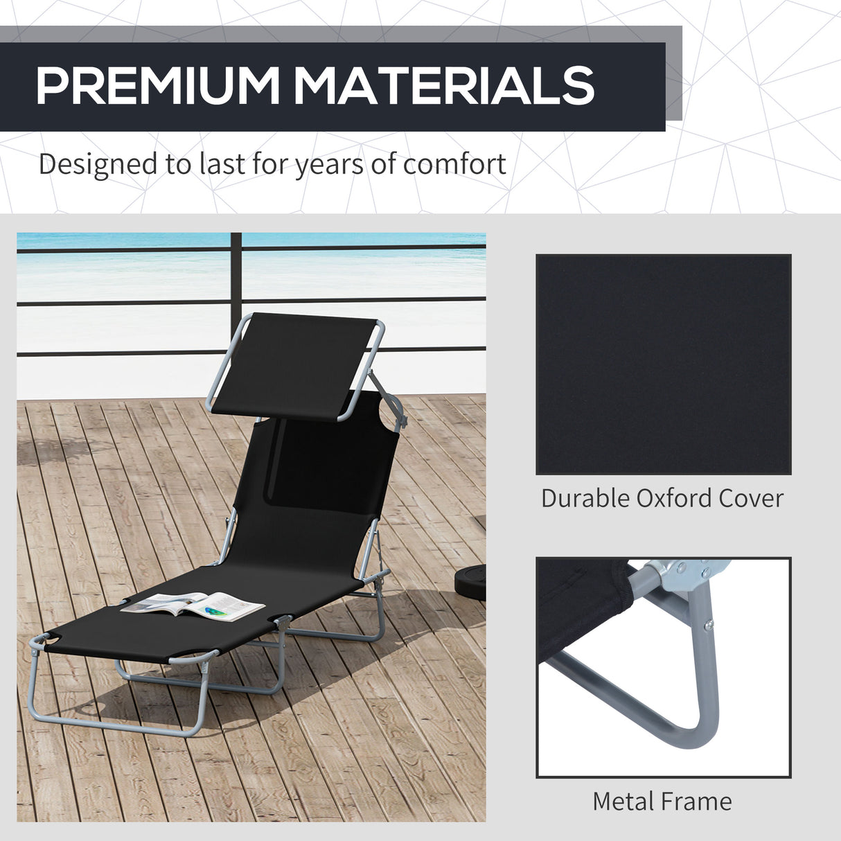 Steel Folding Reclining Garden Sun Lounger With Canopy - Velmora