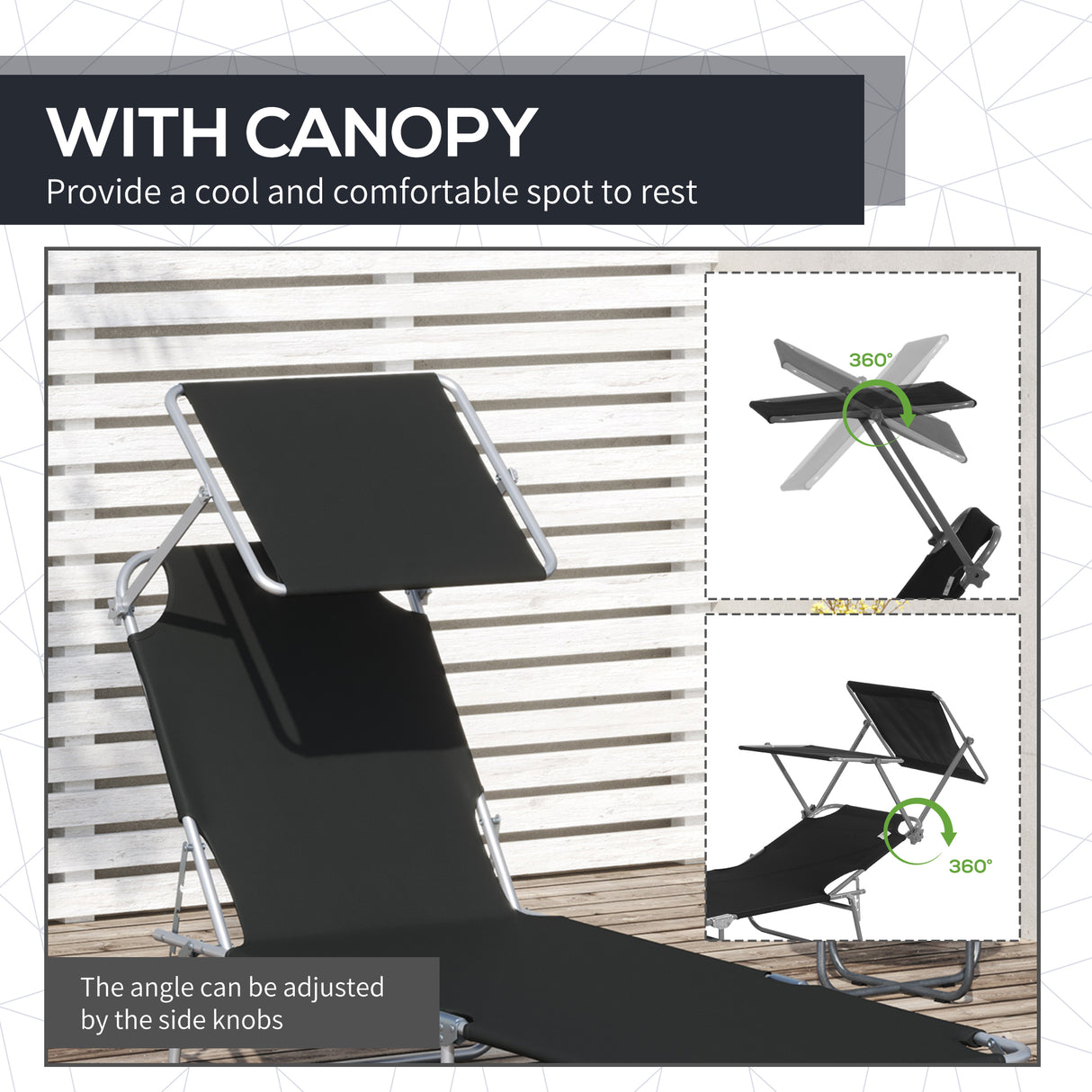 Steel Folding Reclining Garden Sun Lounger With Canopy - Velmora