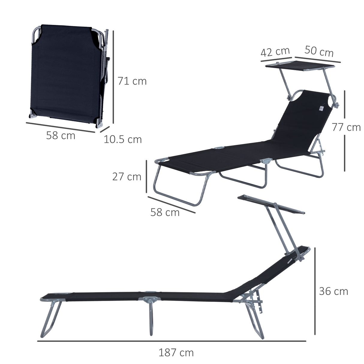 Steel Folding Reclining Garden Sun Lounger With Canopy - Velmora