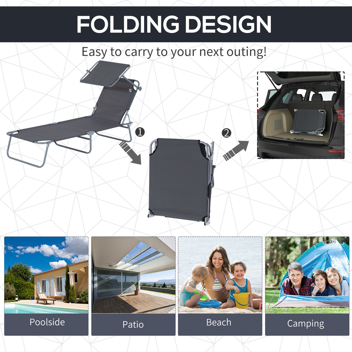 Steel Folding Reclining Garden Sun Lounger With Canopy - Velmora