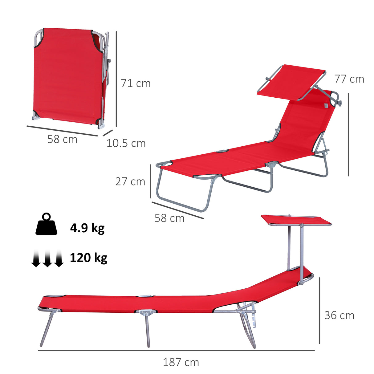 Steel Folding Reclining Garden Sun Lounger With Canopy - Velmora