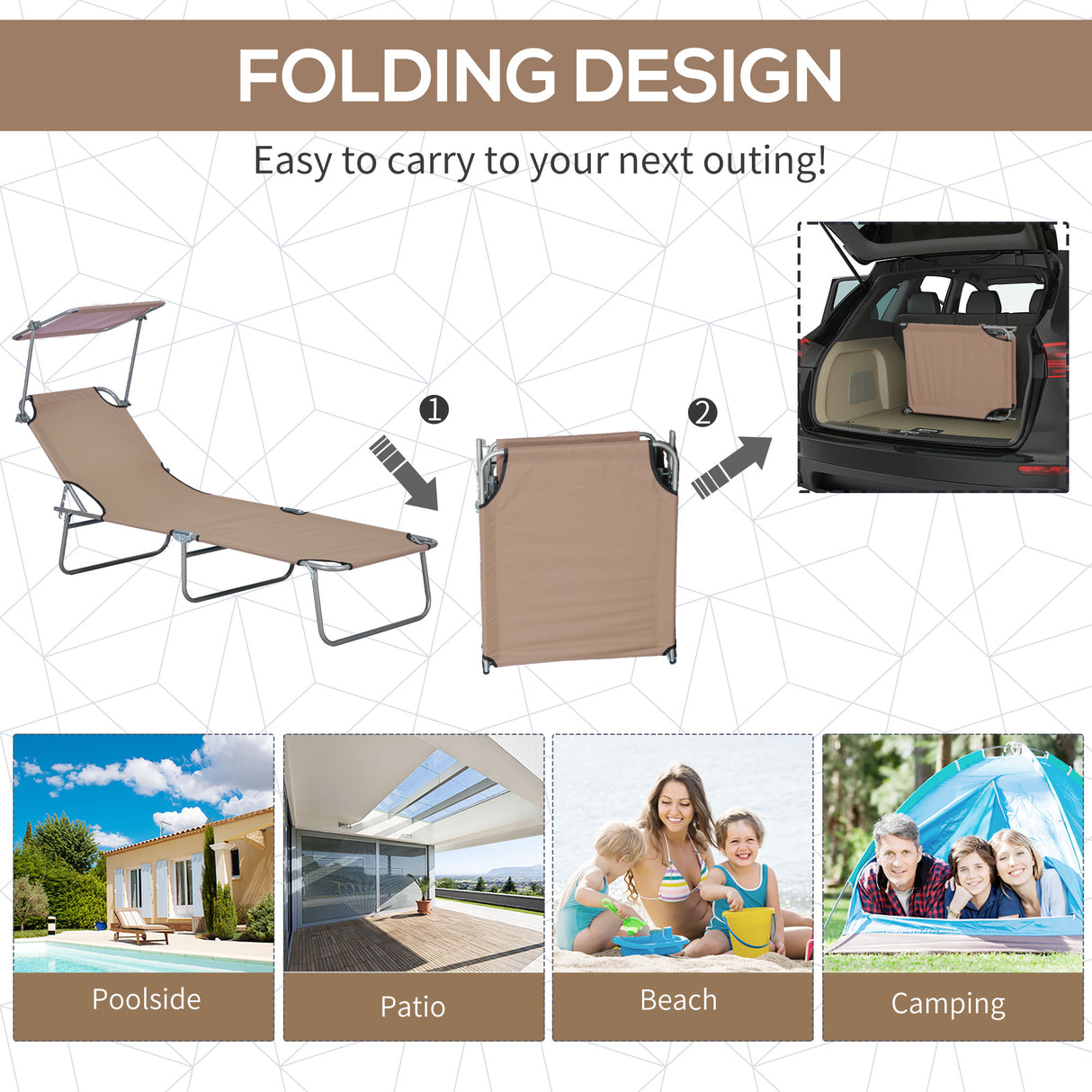 Steel Folding Reclining Garden Sun Lounger With Canopy - Velmora