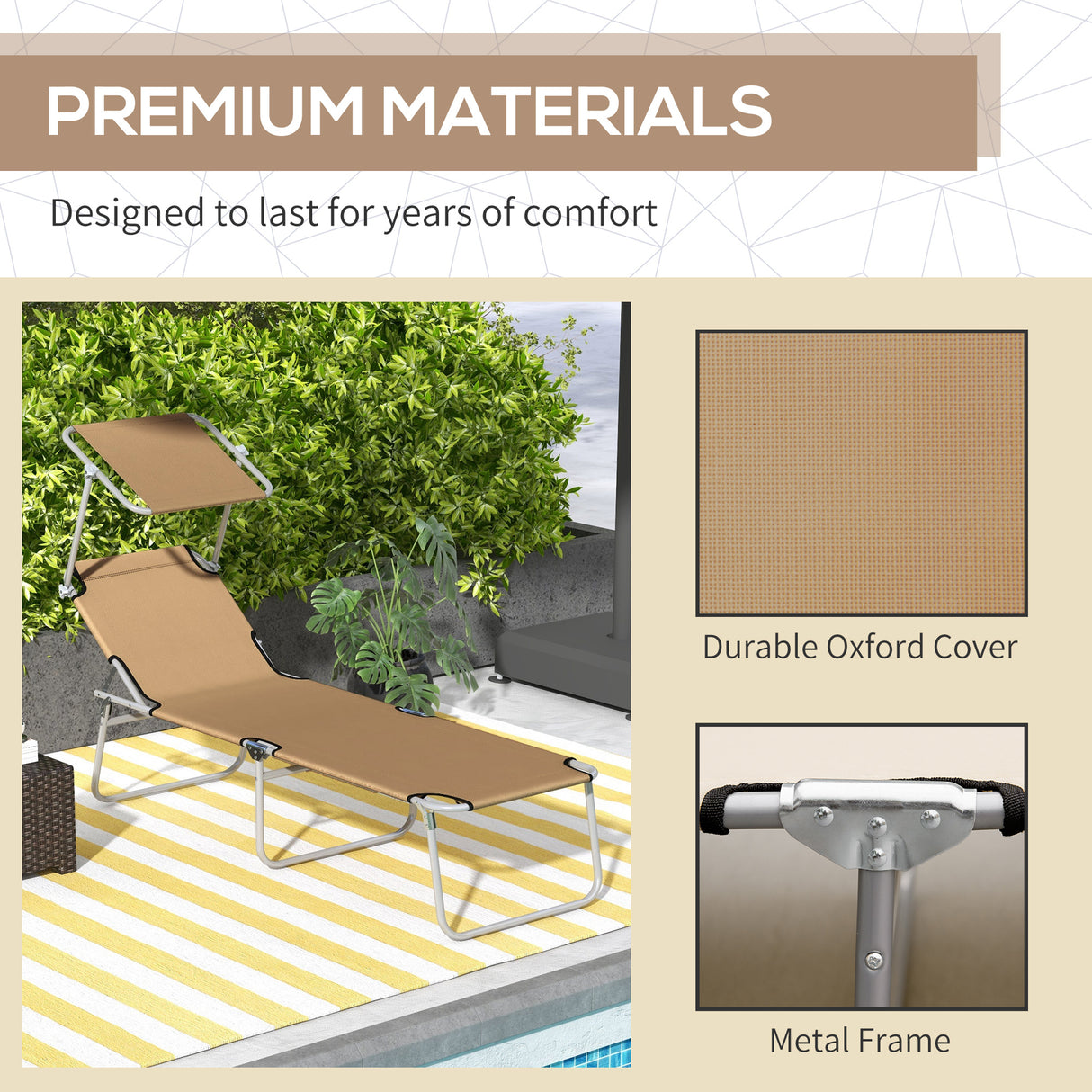 Steel Folding Reclining Garden Sun Lounger With Canopy - Velmora