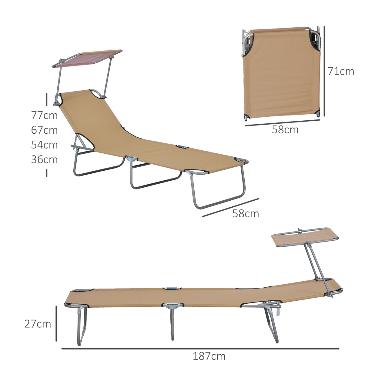 Steel Folding Reclining Garden Sun Lounger With Canopy - Velmora