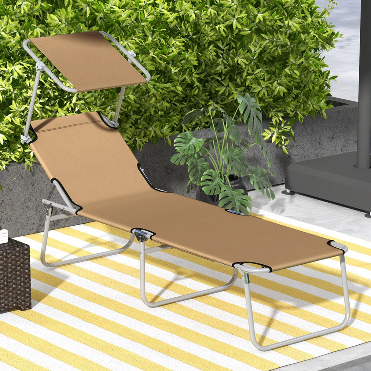 Steel Folding Reclining Garden Sun Lounger With Canopy - Velmora