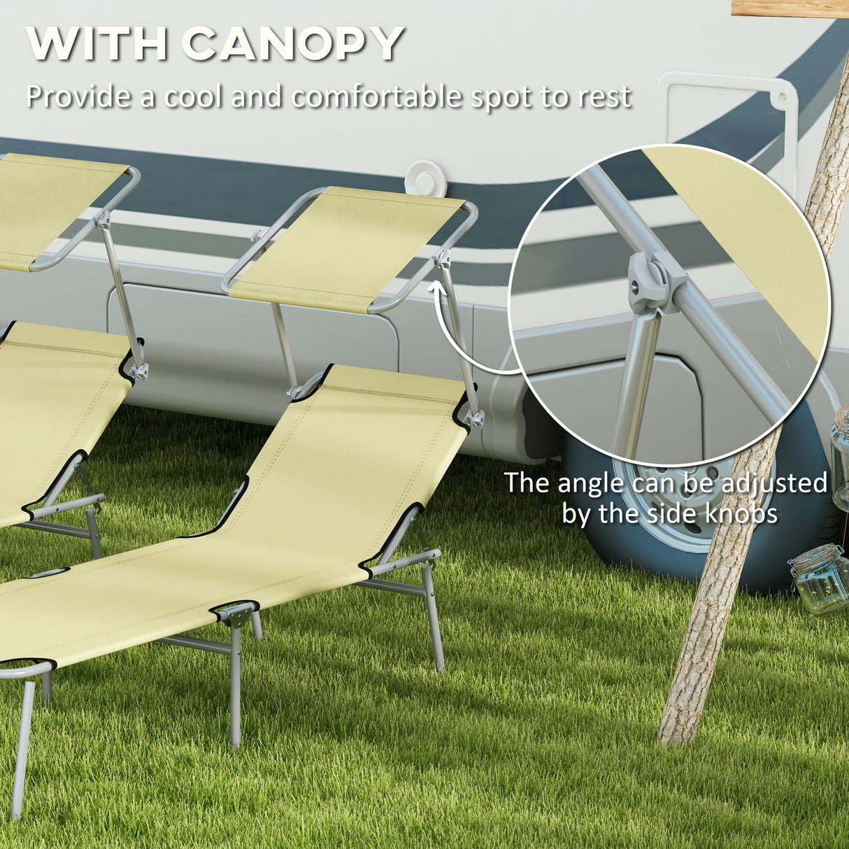 Steel Folding Reclining Garden Sun Lounger in Set of 2 With Canopy - Velmora