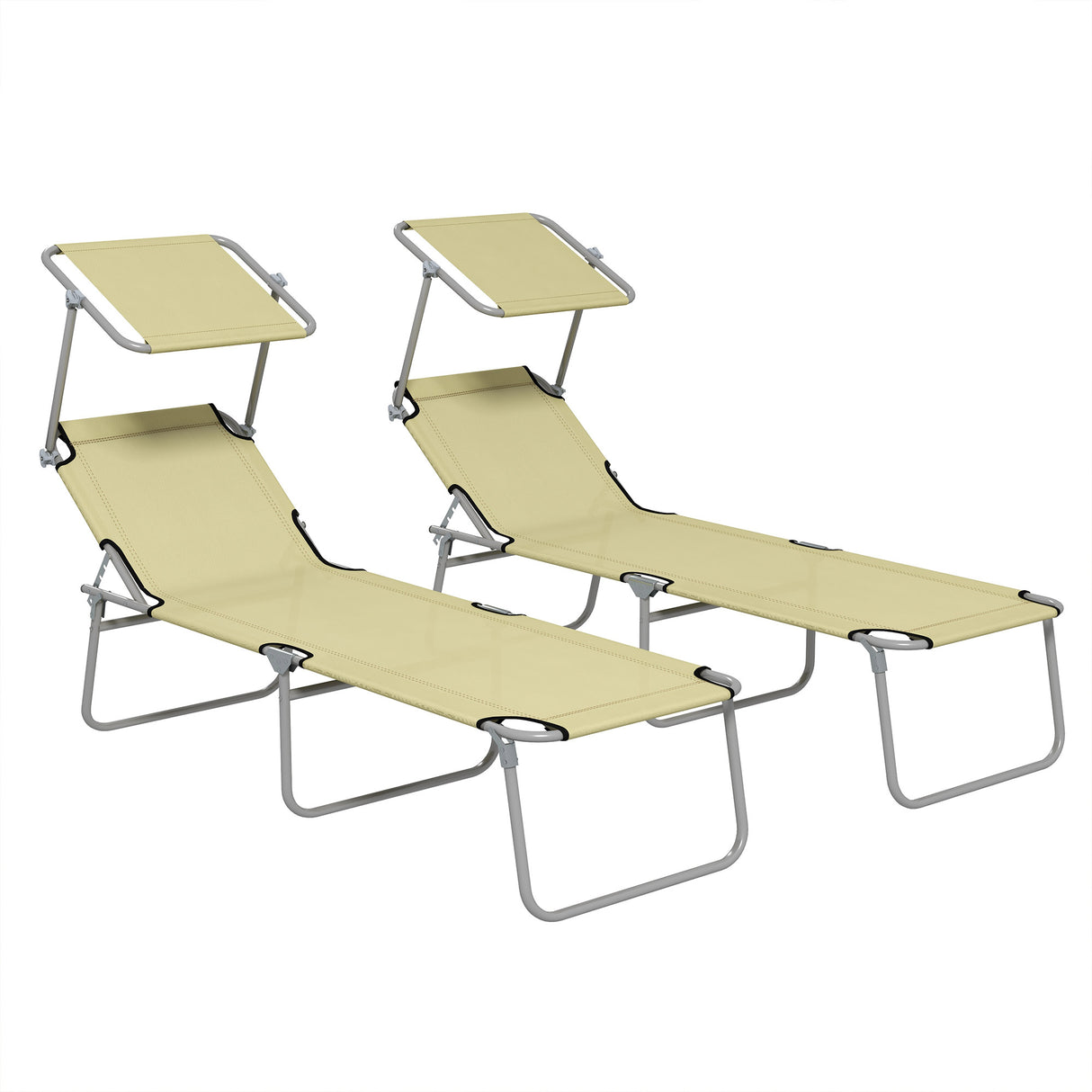 Steel Folding Reclining Garden Sun Lounger in Set of 2 With Canopy - Velmora