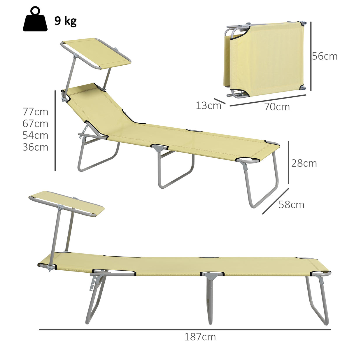 Steel Folding Reclining Garden Sun Lounger in Set of 2 With Canopy - Velmora