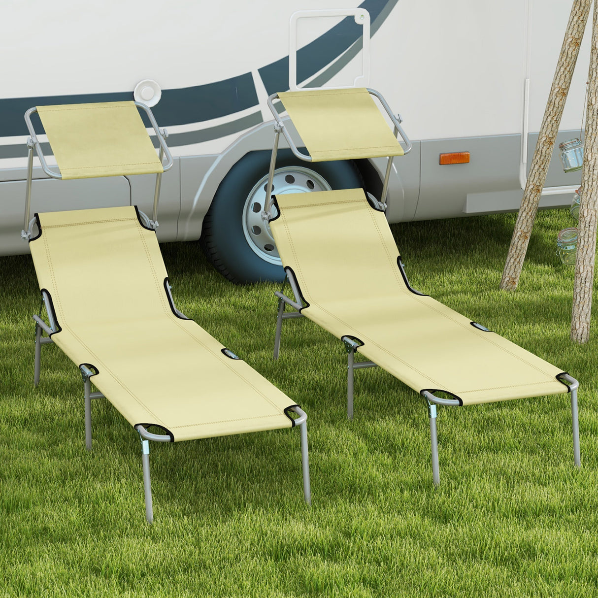 Steel Folding Reclining Garden Sun Lounger in Set of 2 With Canopy - Velmora