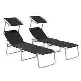 Steel Folding Reclining Garden Sun Lounger in Set of 2 With Canopy - Velmora