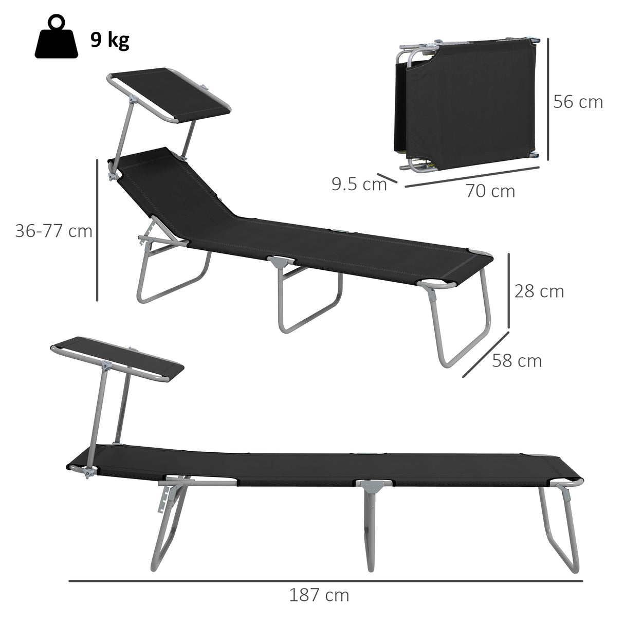 Steel Folding Reclining Garden Sun Lounger in Set of 2 With Canopy - Velmora