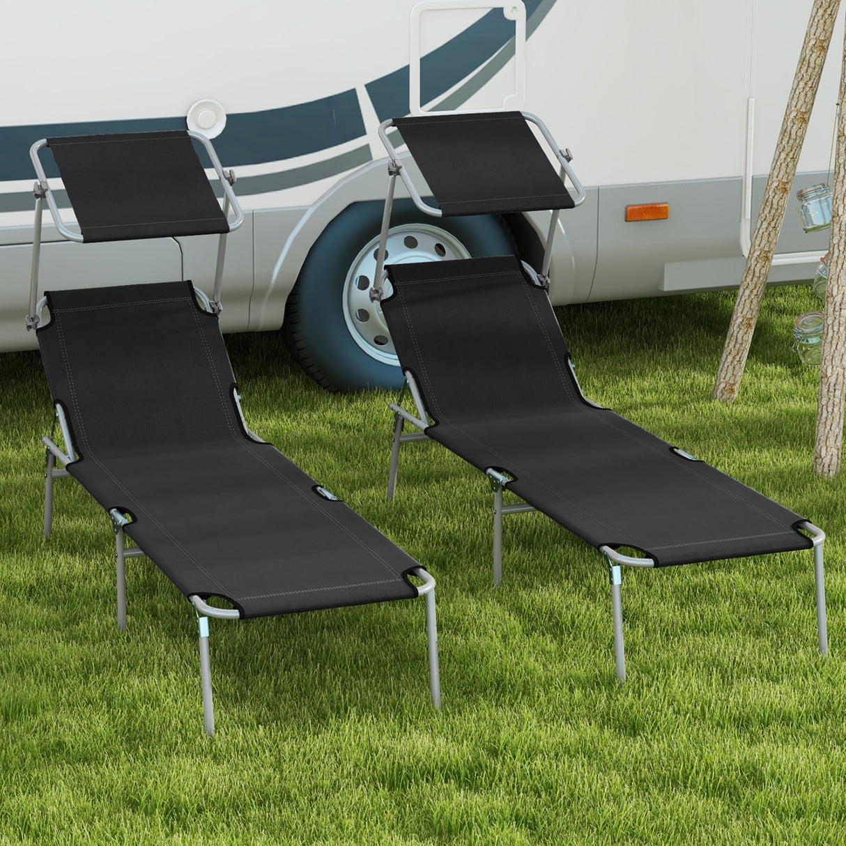 Steel Folding Reclining Garden Sun Lounger in Set of 2 With Canopy - Velmora