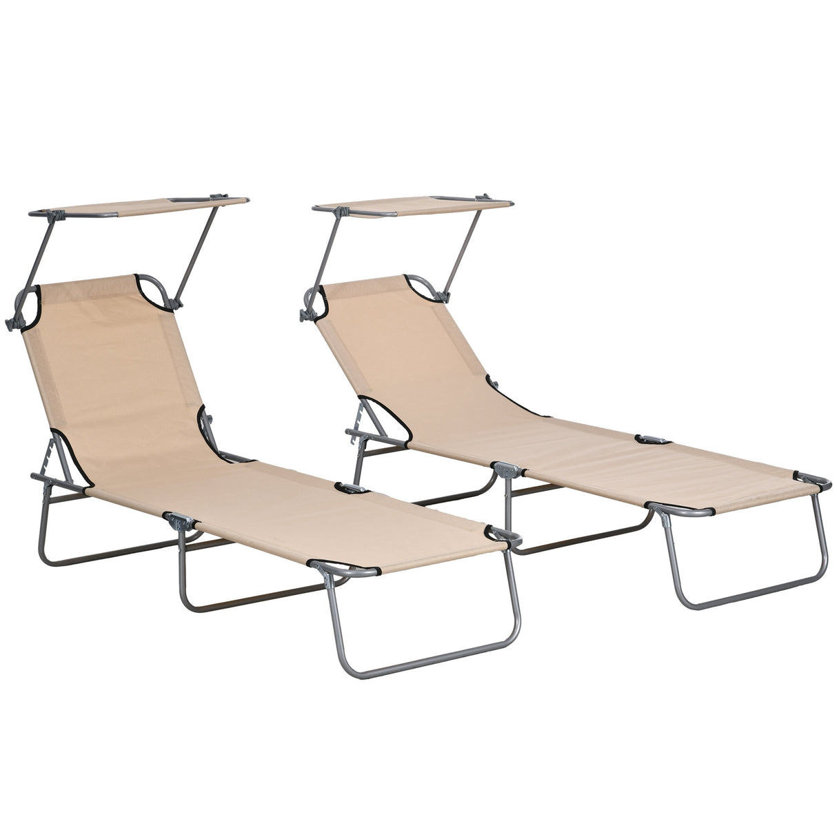 Steel Folding Reclining Garden Sun Lounger in Set of 2 With Canopy - Velmora