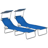 Steel Folding Reclining Garden Sun Lounger in Set of 2 With Canopy - Velmora