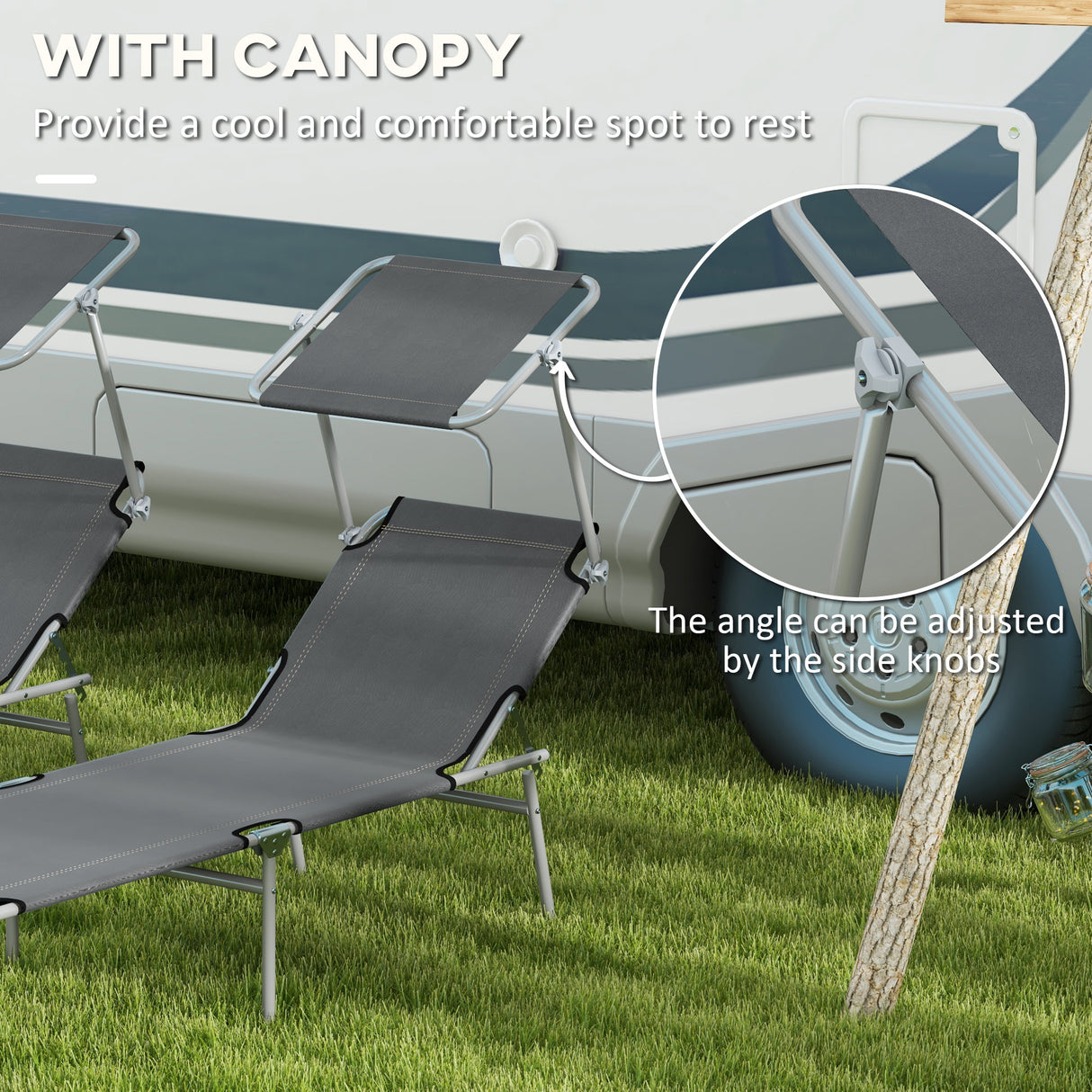 Steel Folding Reclining Garden Sun Lounger in Set of 2 With Canopy - Velmora