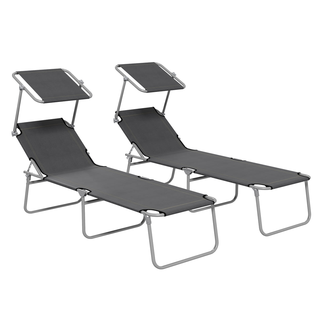 Steel Folding Reclining Garden Sun Lounger in Set of 2 With Canopy - Velmora