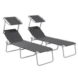 Steel Folding Reclining Garden Sun Lounger in Set of 2 With Canopy - Velmora