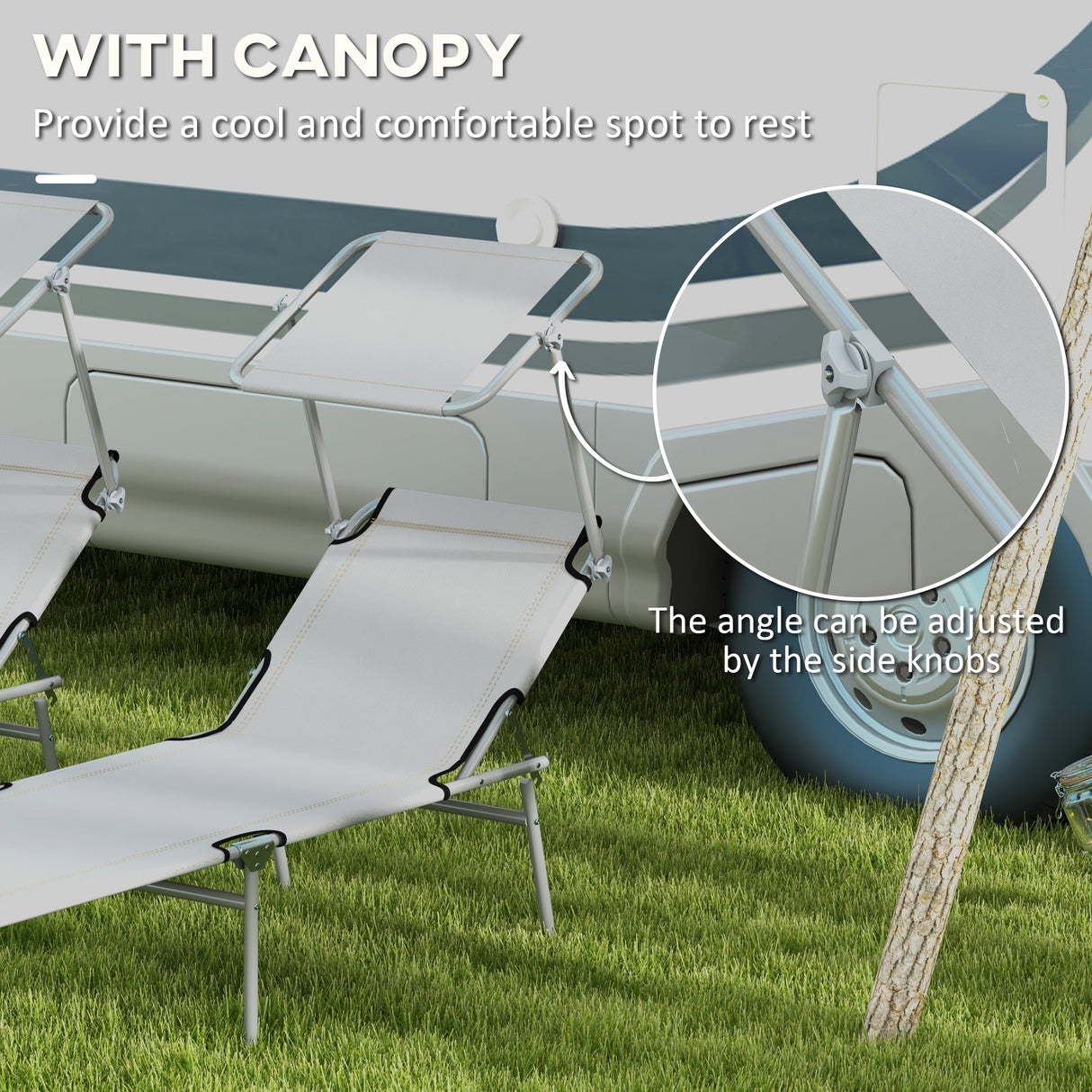 Steel Folding Reclining Garden Sun Lounger in Set of 2 With Canopy - Velmora