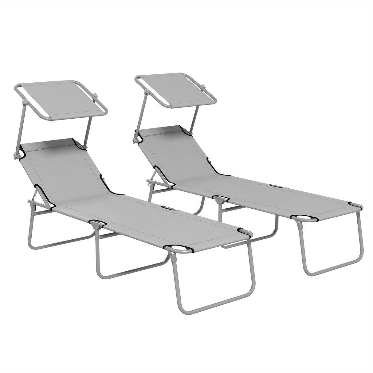Steel Folding Reclining Garden Sun Lounger in Set of 2 With Canopy - Velmora