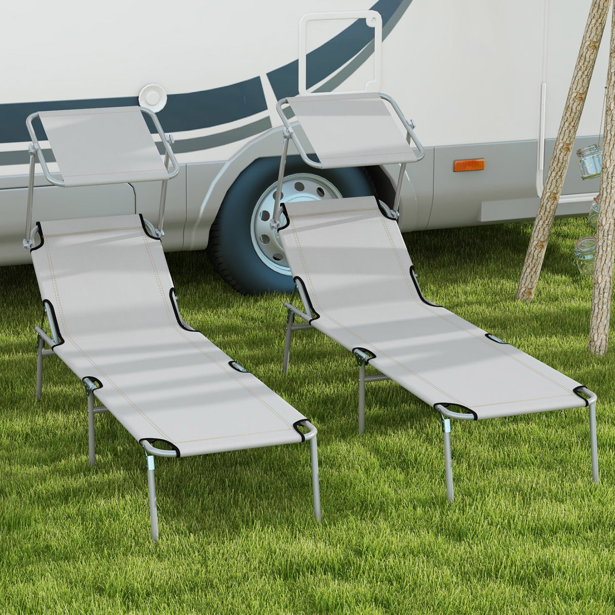 Steel Folding Reclining Garden Sun Lounger in Set of 2 With Canopy - Velmora