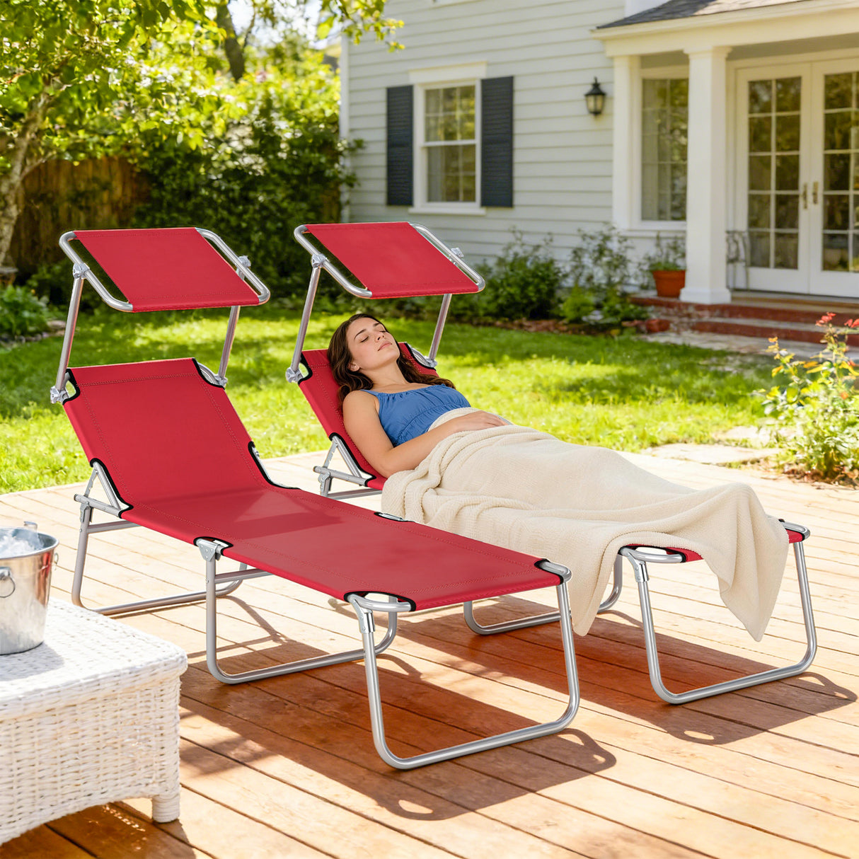 Steel Folding Reclining Garden Sun Lounger in Set of 2 With Canopy - Velmora