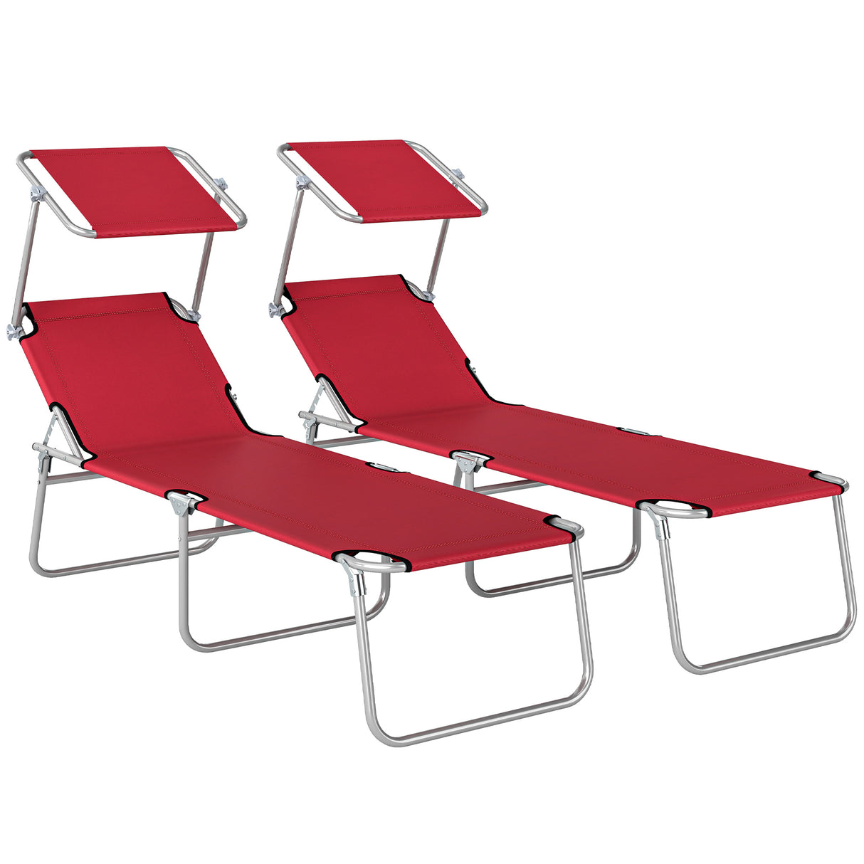 Steel Folding Reclining Garden Sun Lounger in Set of 2 With Canopy - Velmora