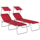 Steel Folding Reclining Garden Sun Lounger in Set of 2 With Canopy - Velmora
