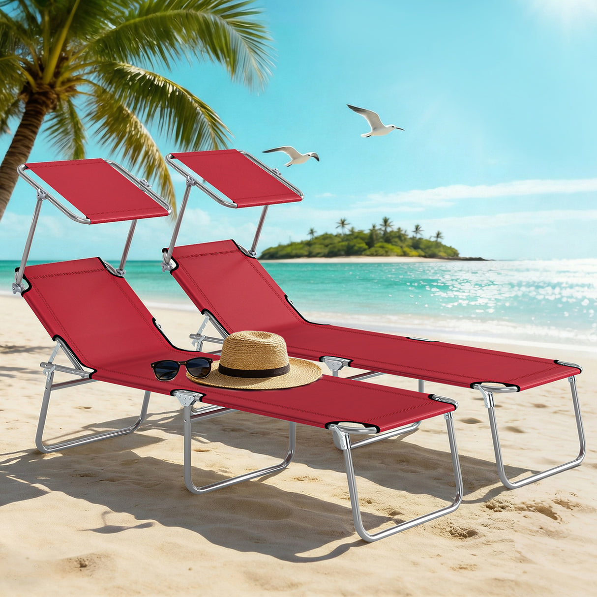 Steel Folding Reclining Garden Sun Lounger in Set of 2 With Canopy - Velmora
