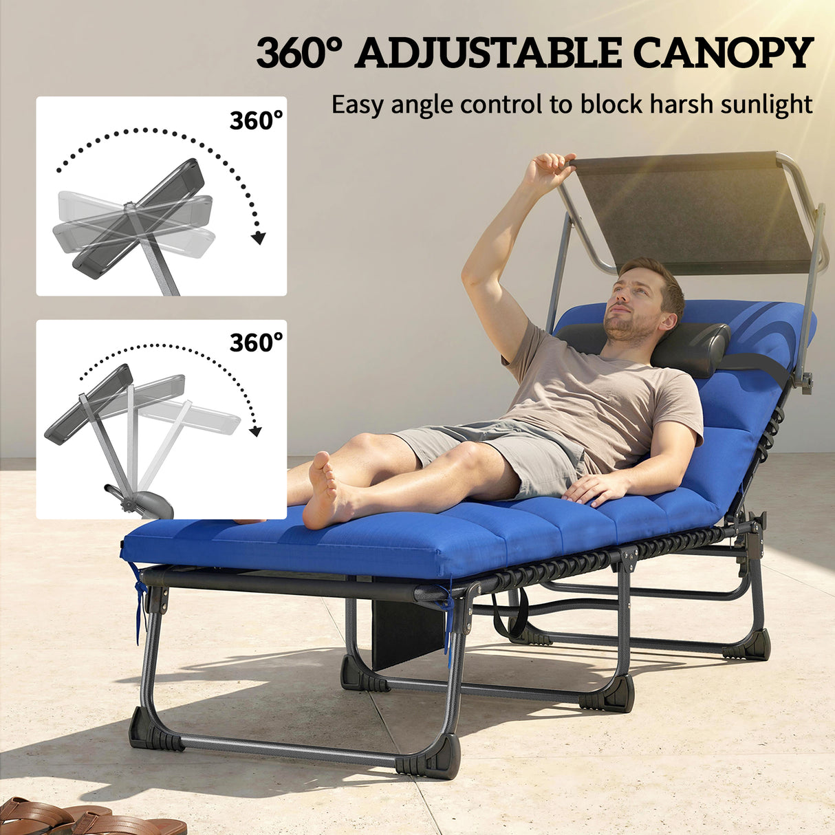 Steel Folding Reclining Garden Sun Loungers in Set of 2 With Canopy - Velmora