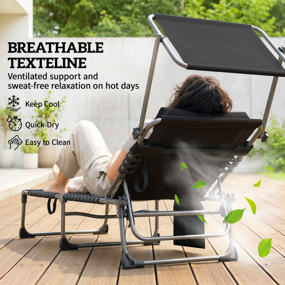 Steel Folding Reclining Garden Sun Loungers in Set of 2 With Canopy - Velmora