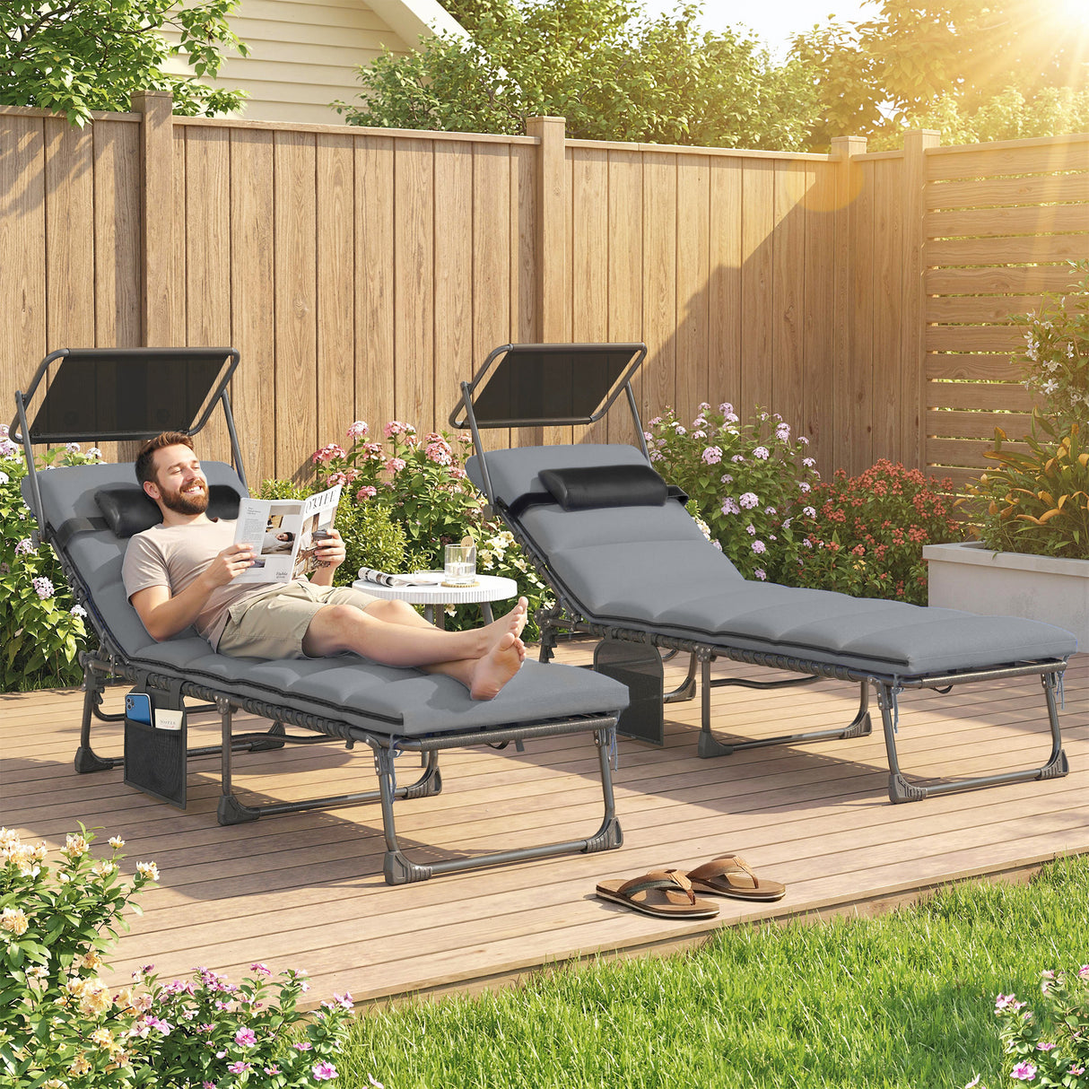Steel Folding Reclining Garden Sun Loungers in Set of 2 With Canopy - Velmora