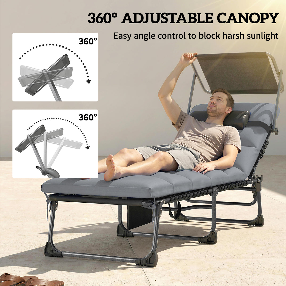 Steel Folding Reclining Garden Sun Loungers in Set of 2 With Canopy - Velmora