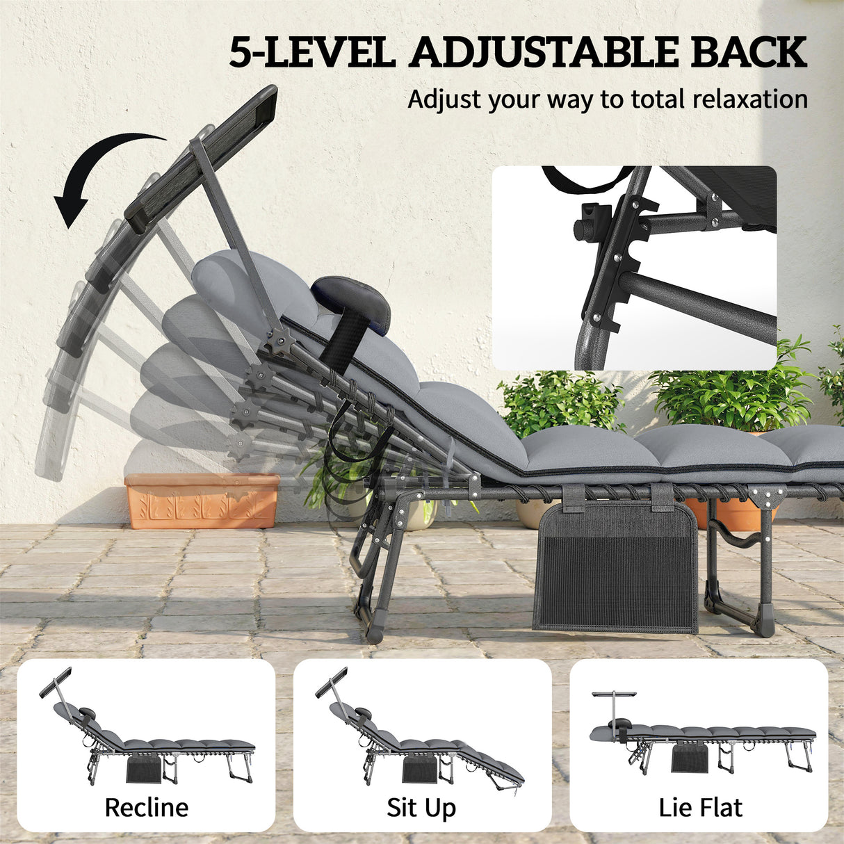 Steel Folding Reclining Garden Sun Loungers in Set of 2 With Canopy - Velmora