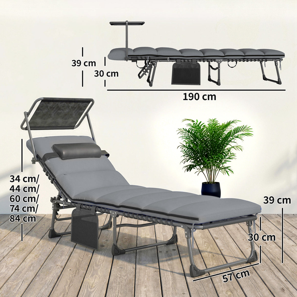 Steel Folding Reclining Garden Sun Loungers in Set of 2 With Canopy - Velmora