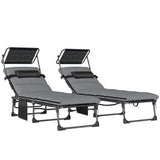 Steel Folding Reclining Garden Sun Loungers in Set of 2 With Canopy - Velmora