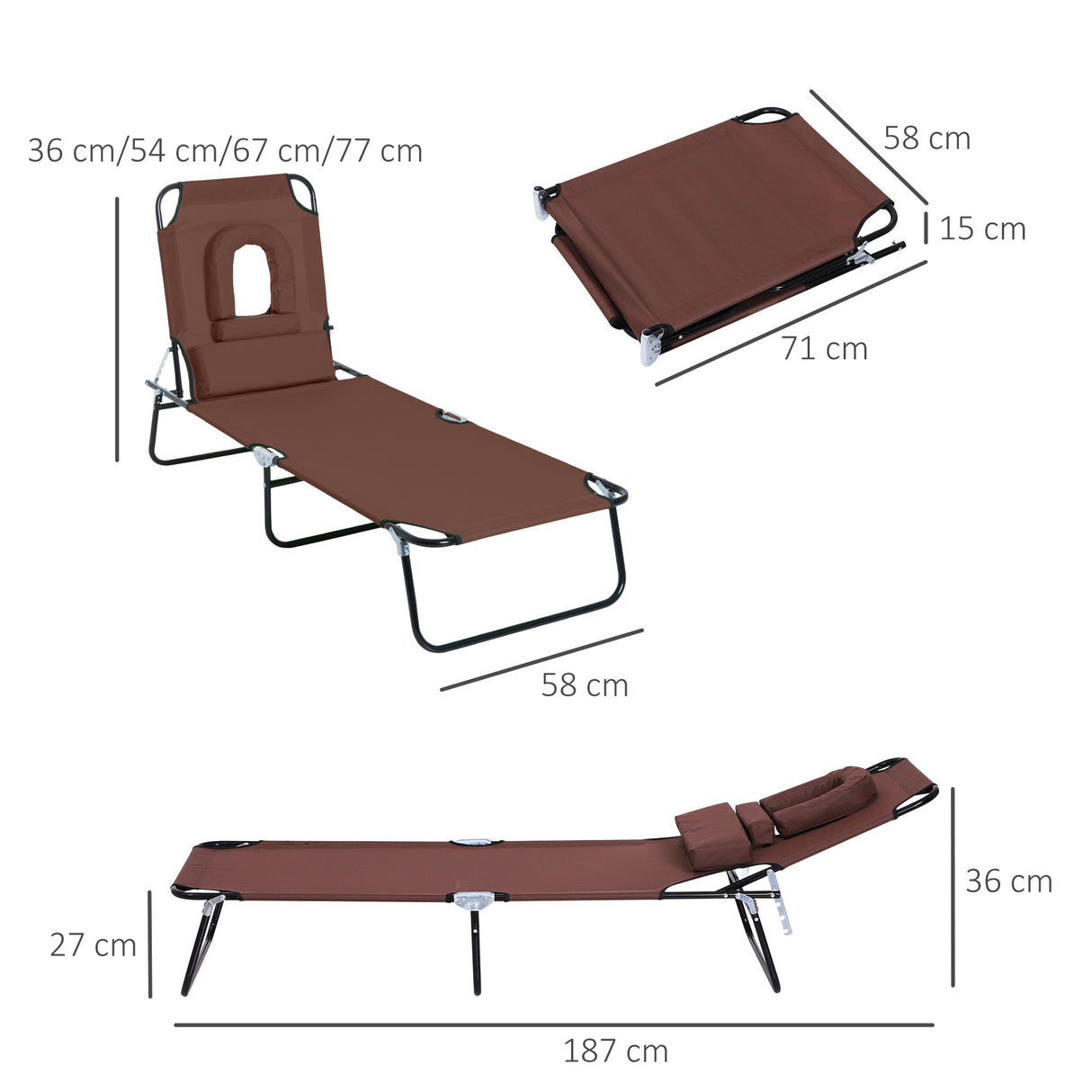 Steel Folding Sun Lounger With Face Hole And 4-Position Adjustable Backrest - Velmora