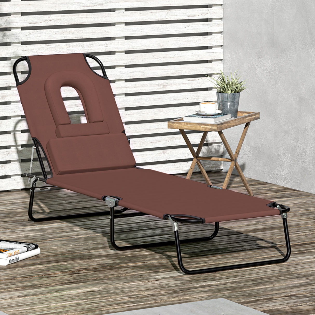 Steel Folding Sun Lounger With Face Hole And 4-Position Adjustable Backrest - Velmora