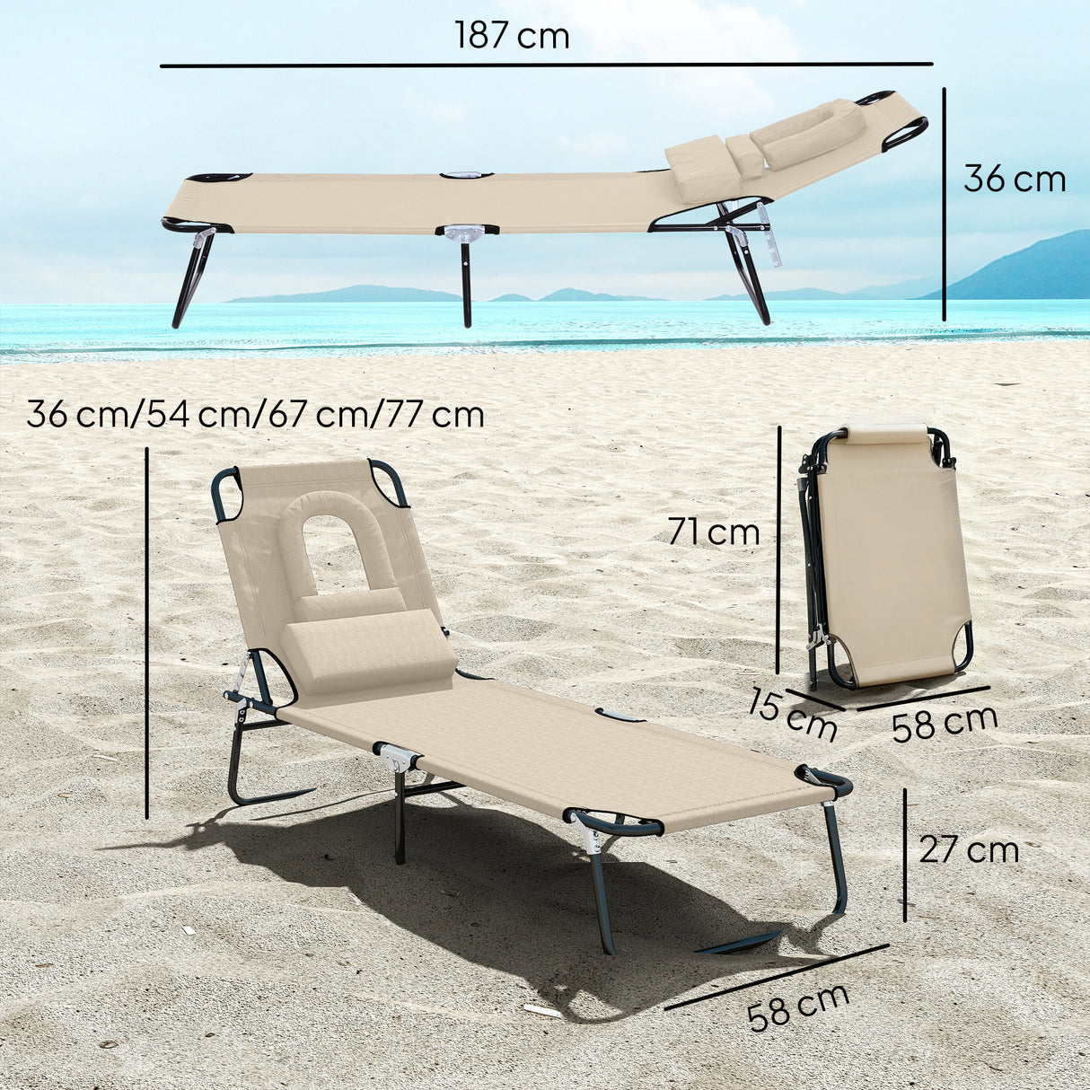 Steel Folding Sun Lounger With Face Hole And 4-Position Adjustable Backrest - Velmora