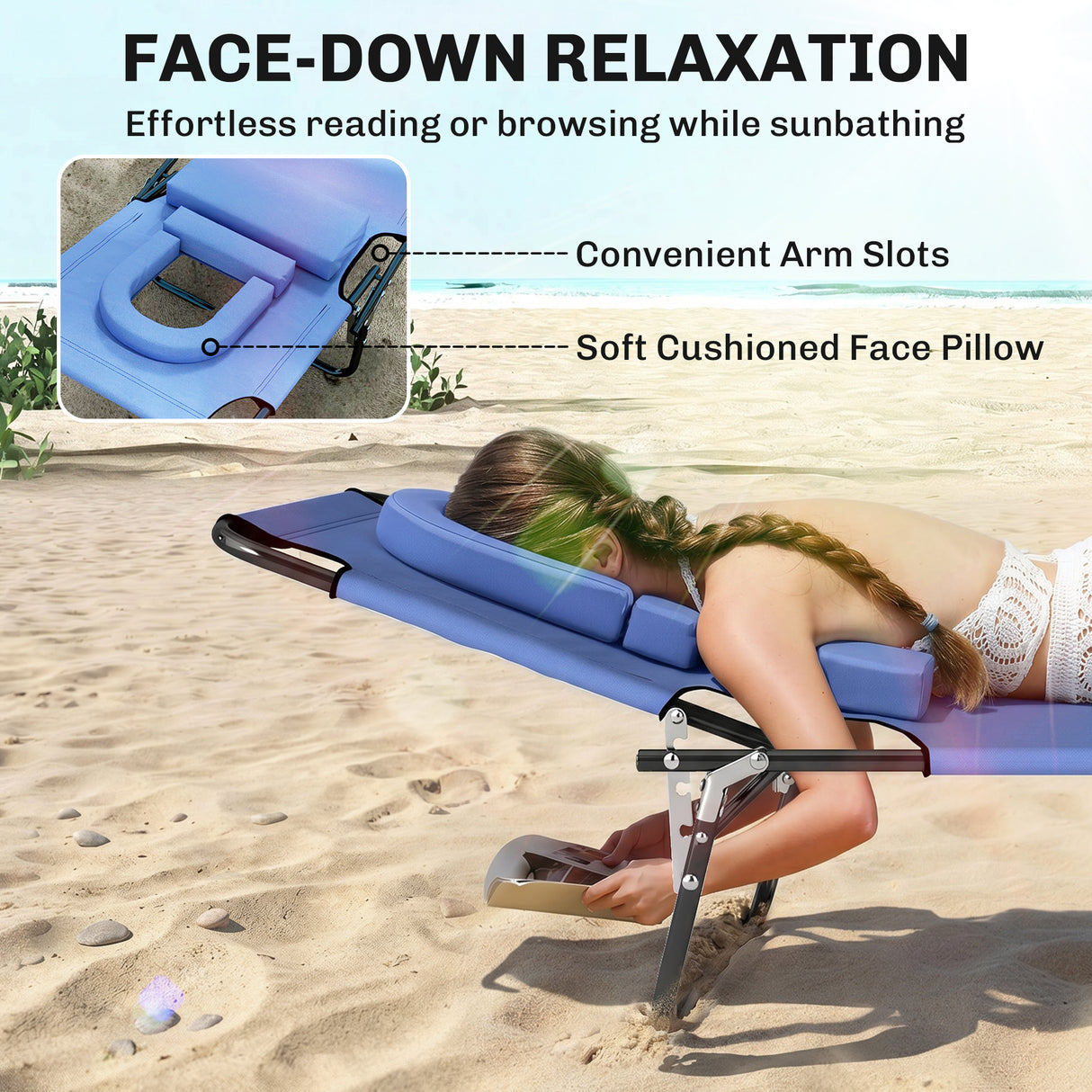 Steel Folding Sun Lounger With Face Hole And 4-Position Adjustable Backrest - Velmora